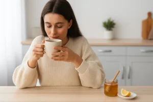 Woman enjoying herbal tea with honey at a wooden table, symbolising everyday UK wellness.