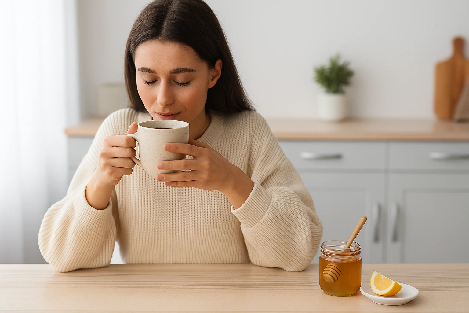 Woman enjoying herbal tea with honey at a wooden table, symbolising everyday UK wellness.