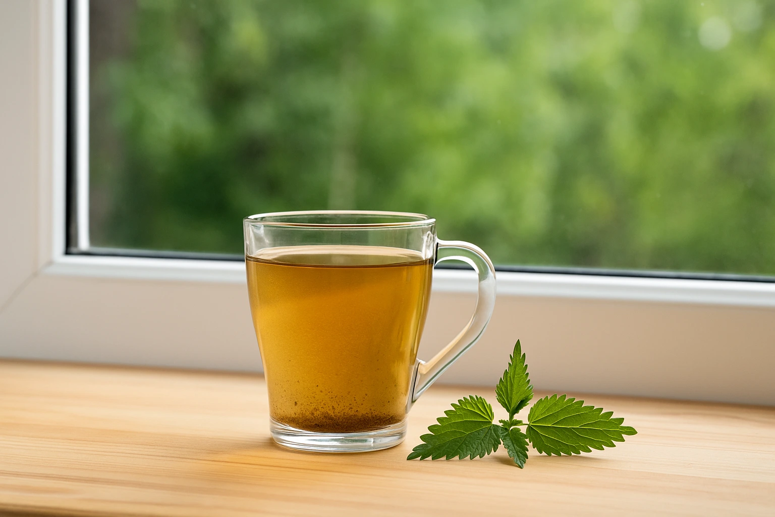 Glass cup of nettle tea on a wooden windowsill with fresh nettle leaves beside it