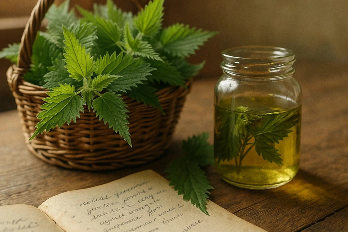 Glass cup of nettle tea with fresh nettle leaves, energizing daily tonic.