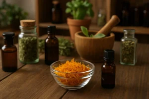 Glass bowl of dried calendula petals with herbal oils and jars on a rustic table in an apothecary setting, representing calendula benefits and uses in the UK.