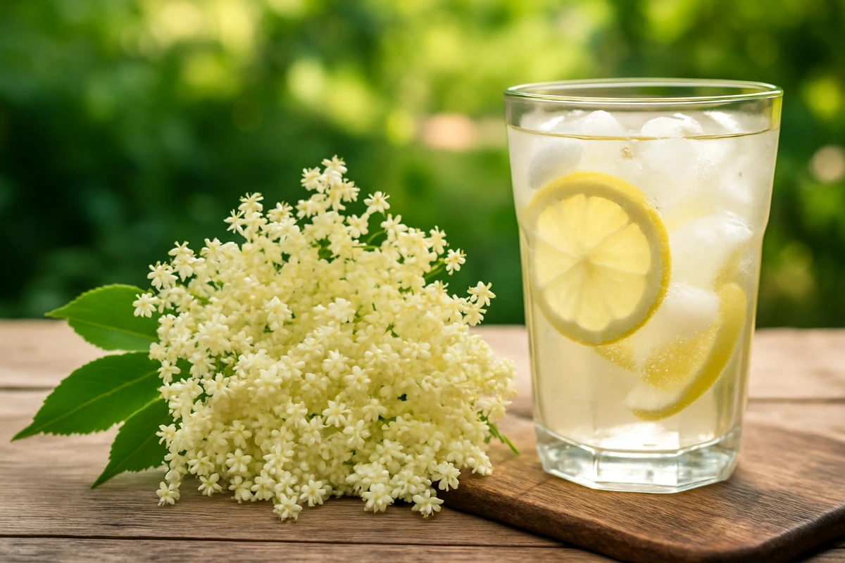 Cup of elderflower tea with elder blossoms, supporting immunity.