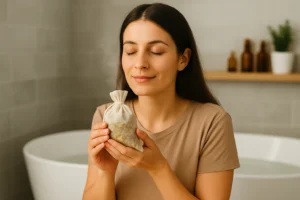 A young woman enjoying a calming herbal bath ritual at home, holding a natural skincare bottle beside fresh herbs, representing relaxation and wellness.