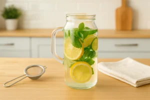 A glass pitcher of herbal infused water with lemon, cucumber, and mint on a wooden table, a realistic daily routine stock image for hydration and skin glow.