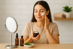 A young woman with light skin gently applying herbal cream to her face as part of a natural skincare routine, with jars of herbs and essential oils on the table, representing why herbal skincare is gaining popularity in the UK.
