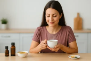 A young woman in a mauve top sitting at a wooden kitchen table, smiling softly while holding a steaming white cup of herbal tea. Small amber glass bottles, a bowl of dried calendula, and a lemon slice rest nearby, creating a warm daily wellness scene.