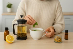 A woman preparing herbal ingredients for oil infusion at home with fresh mint leaves, a French press, lemon, and jars of dried herbs on a wooden kitchen counter.