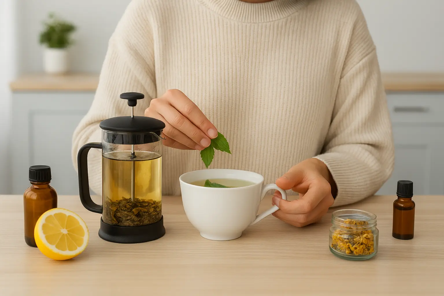 A woman preparing herbal ingredients for oil infusion at home with fresh mint leaves, a French press, lemon, and jars of dried herbs on a wooden kitchen counter.