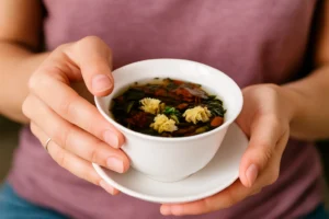 Hands making herbal tea with chamomile and rosemary — lifestyle photo for herbalism guide UK