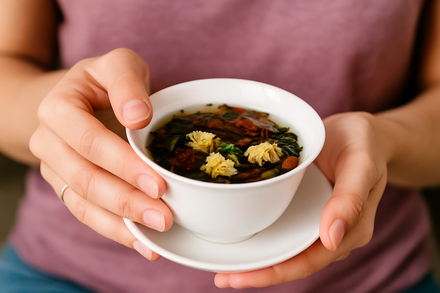 Hands making herbal tea with chamomile and rosemary — lifestyle photo for herbalism guide UK