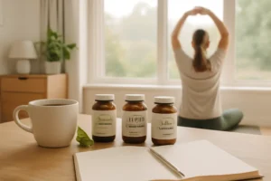 A cozy UK-based morning routine featuring Brahmi, Ginkgo Biloba, and Lion's Mane supplements alongside a warm cup of tea, open notebook, and a person stretching by a window. Soft natural lighting and a calm ambiance enhance the sense of mindfulness and focus.