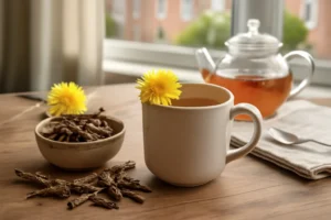 Dandelion root tea cup with yellow flower and dried roots on a rustic wooden table, featuring natural detox vibes for UK daily routines