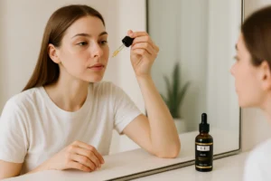 Woman applying neem herbal tincture drops on her face as part of a natural antibacterial skincare routine at home in bright daylight.