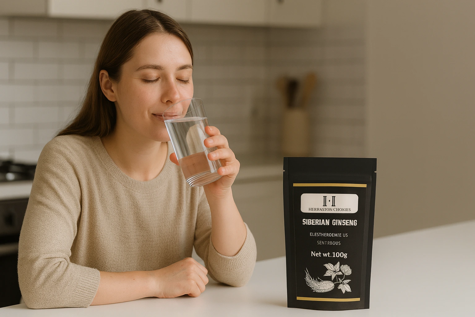 Woman drinking water beside a HerbariumChoices Siberian Ginseng supplement pouch, representing natural energy and vitality benefits of Eleutherococcus senticosus in the UK.